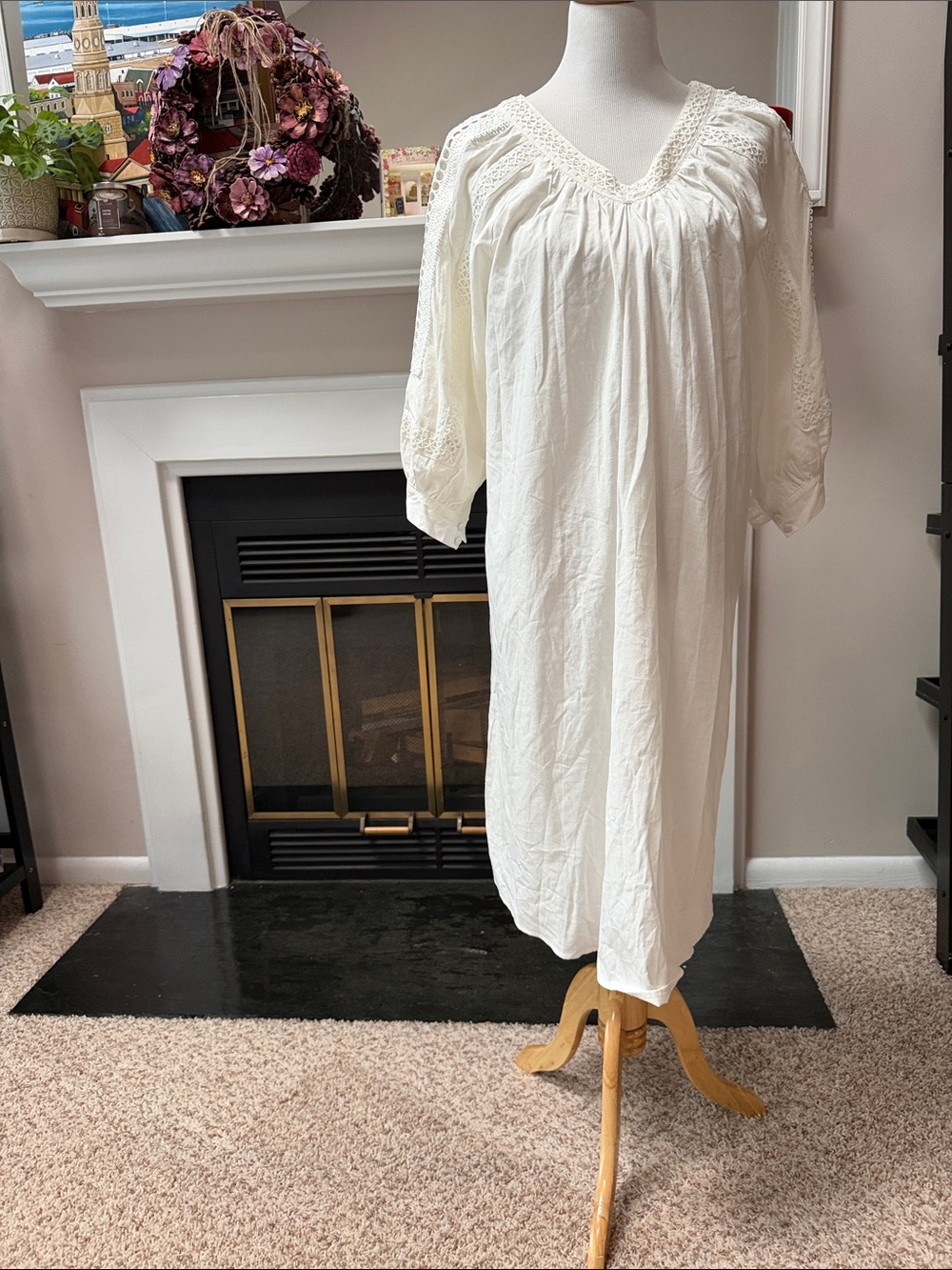 Women's White Cotton midi dress with Crochet Trim - Classic eyelet detail.